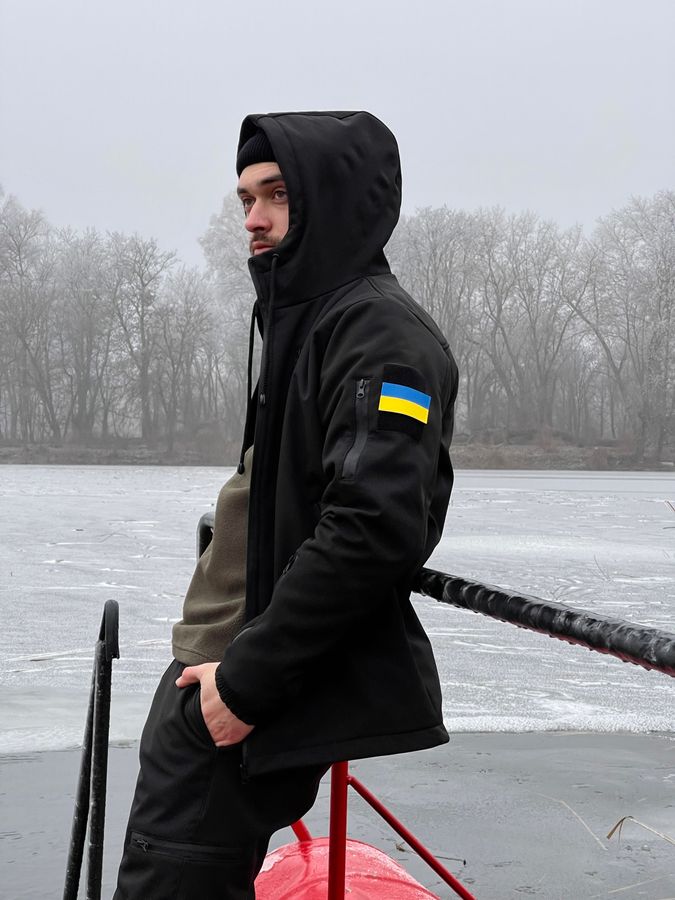 Костюм чоловічий на флісі з капюшоном, куртка штани SoftShell осінь-зима водонепроникний чорний 1634589486 фото